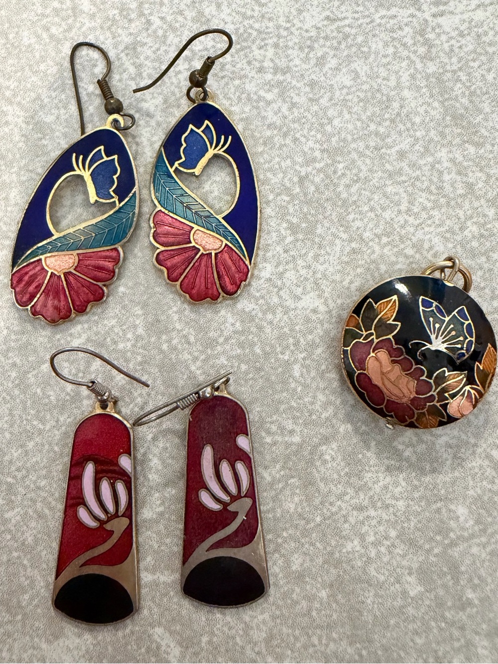 Vintage 70’s 80’s Cloisonné Enamel Earrings & Pendant Lot +